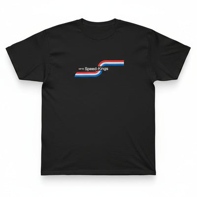 Black t-shirt with amf style speed-kings logo on a white background