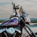 6.5-inch chrome pull-back handlebar risers for motorcycle
Black cruiser motorcycle with purple flame tank and tinted windshield