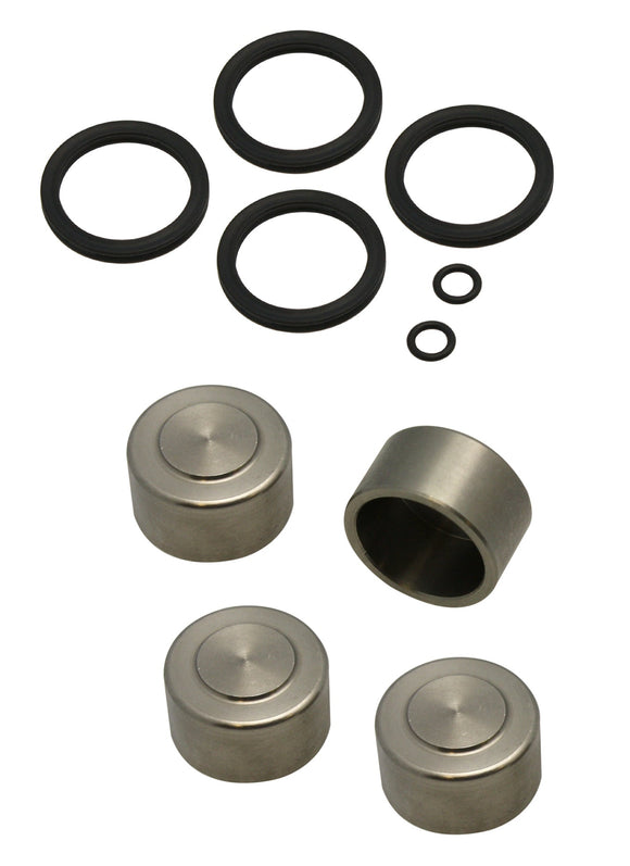 Pro-One 4-piston caliper rebuild kit with four metal pistons and black rubber seals