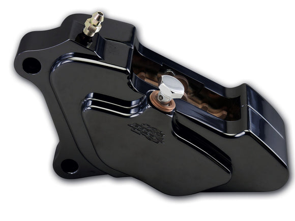 602200B billet front-left 4-piston brake caliper, black anodized, for 2000–2007 Harley‑Davidson (requires mag wheels)
