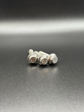 Close-up of BAMCO ARP stainless bolts installed on a Harley-Davidson Harley, Headlight Visor Cover ARP Kit