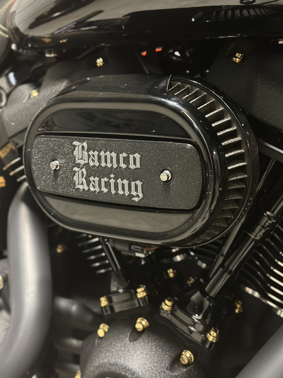 Bamco Racing air cleaner on Harley-Davidson engine fitted with gold ARP stainless steel bolts
