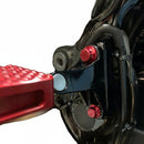 Close-up of Harley Road Glide passenger peg with red anodized ARP stainless steel bolts by Bamco