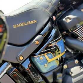Close-up of Harley-Davidson Softail side showing Bamco ARP stainless steel gold-plated bolts beneath Saddlemen seat