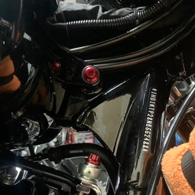 Bamco ARP stainless steel red 12-point tank bolts installed on 2018+ Harley‑Davidson Road Glide