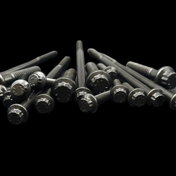 Close-up of BAMCO ARP stainless bolts installed on a Harley-Davidson M8 Softail, M8 Softail Belt Guard ARP Kit