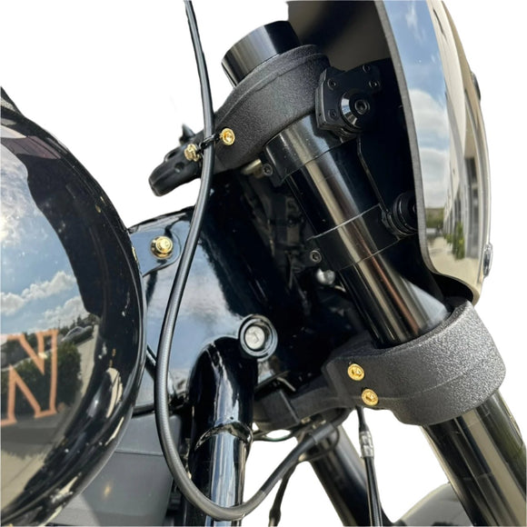 Gold ARP stainless steel pinch bolts by Bamco installed on 2018+ Harley-Davidson Softail fork and headlight mount