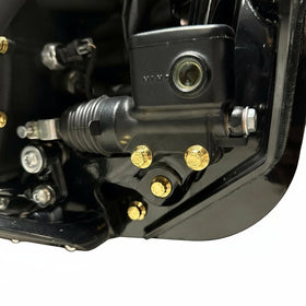 Close-up of Bamco ARP gold-plated stainless bolts installed on black 2020+ Harley-Davidson Softail crash bar frame