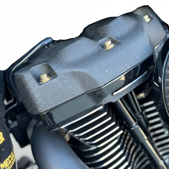 Bamco ARP stainless steel gold-plated rocker box bolts installed on Harley‑Davidson M8 engine cover