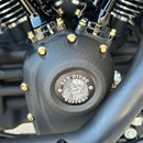 Gold ARP stainless steel bolts by Bamco on Harley-Davidson cam cover with San Diego Customs emblem