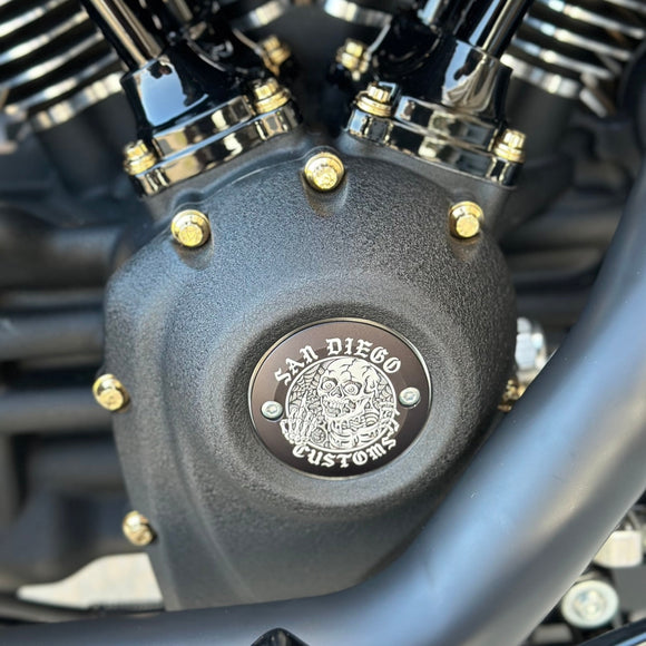 Gold ARP stainless steel bolts by Bamco on Harley-Davidson cam cover with San Diego Customs emblem