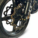 Close-up of Harley-Davidson front brake rotor and wheel fitted with Bamco ARP stainless steel gold bolts