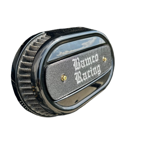 Bamco Racing oval stock Harley M8 air cleaner cover with two gold ARP stainless steel bolts