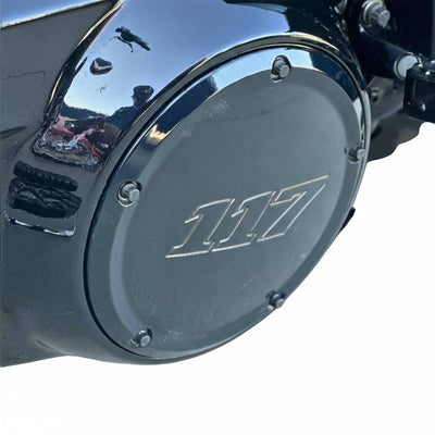 Black Harley M8 Bagger/Twin Cam derby cover (117) fitted with five BAMCO ARP stainless steel reduced‑head 1/4‑20 derby bolts