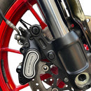 Bamco ARP stainless steel front caliper bolts installed on Harley‑Davidson black brake caliper with red wheel