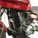 Red Harley-Davidson M8 Softail with UltraCool 3.0 side-mount oil cooler, chrome grill cover, braided lines and Bamco ARP stainless-steel bolts.