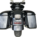 Rear view of black Harley Road Glide ST with saddlebags and Bamco plate showing gold ARP stainless steel lower bag-mount bolts and nylon lock nuts