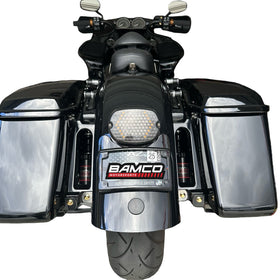 Rear view of black Harley Road Glide ST with saddlebags and Bamco plate showing gold ARP stainless steel lower bag-mount bolts and nylon lock nuts