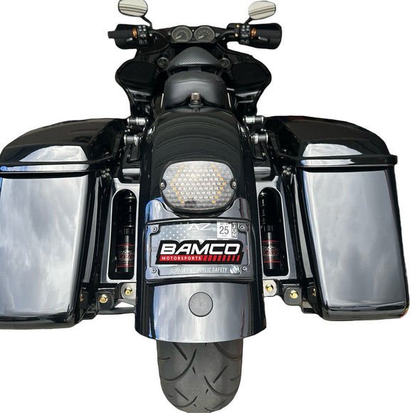 Rear view of black Harley Road Glide ST with saddlebags and Bamco plate showing gold ARP stainless steel lower bag-mount bolts and nylon lock nuts