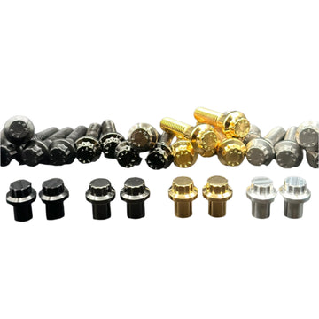 ARP stainless steel 12-point valve stem caps and bolts for Harley‑Davidson by Bamco — matte black, black chrome, 24k gold, raw (Made in USA)