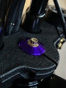 Close-up of Bamco ARP stainless steel bolt with gold head and purple anodized washer on Harley-Davidson triple tree clamp