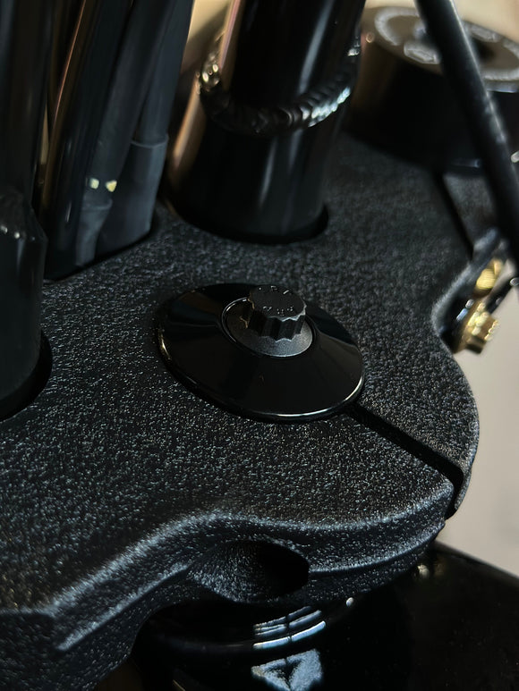 ARP stainless steel bolt and washer on black textured Harley-Davidson upper triple clamp, Bamco