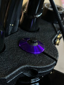 Close-up of purple anodized ARP stainless steel top triple-tree bolt and washer installed on a Harley-Davidson motorcycle by Bamco