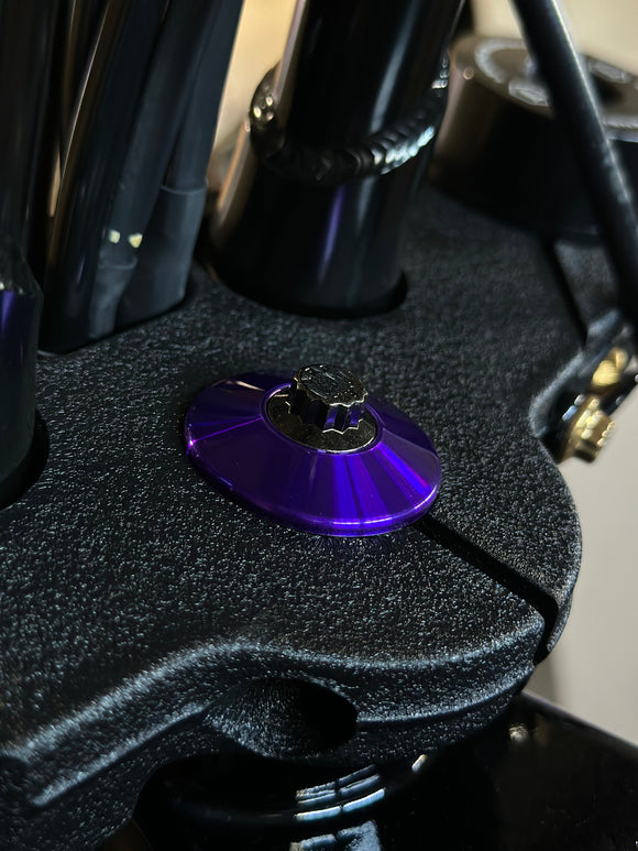 Bamco ARP stainless steel bolt with purple anodized washer on Harley-Davidson triple tree clamp