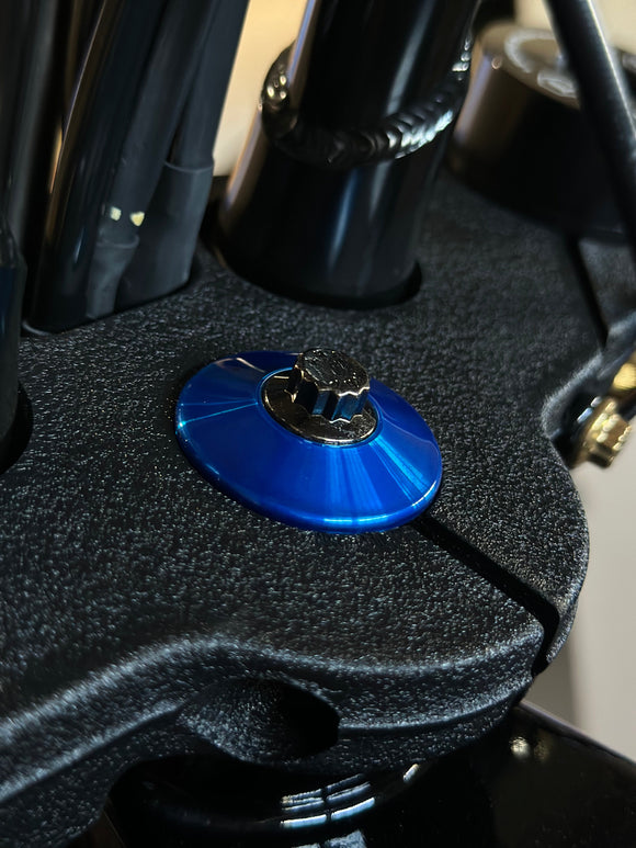 Bamco ARP stainless steel bolt with blue anodized washer installed on Harley‑Davidson top triple clamp