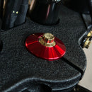 Bamco ARP stainless steel steering stem bolt with gold head and red anodized CNC washer on Harley Softail M8 top clamp