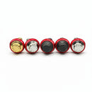 Five ARP stainless-steel Harley-Davidson bolts with red CNC powder-coated 7075 aluminum washers and assorted gold/silver/black caps — Bamco