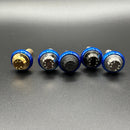 Five ARP stainless-steel Harley-Davidson bolts with blue anodized collars by Bamco on black background