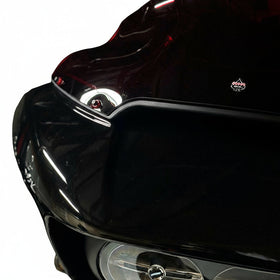 Close-up of Bamco ARP stainless steel bolt with colored CNC washer on black Harley-Davidson Road Glide windshield