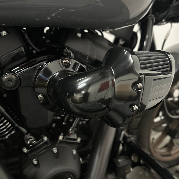 Close-up of BAMCO ARP stainless bolts installed on a Harley-Davidson M8, 117 M8 Stock Intake ARP Kit
