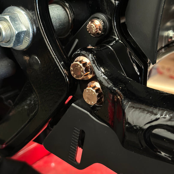 Close-up of BAMCO ARP stainless bolts installed on a Harley-Davidson M8 Softail, M8 Softail Swing Arm ARP Kit