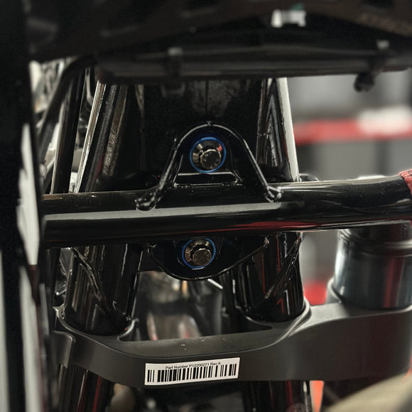 Close-up of BAMCO ARP stainless bolts installed on a Harley-Davidson Bagger, Bagger Fairing Support Bracket ARP Kit