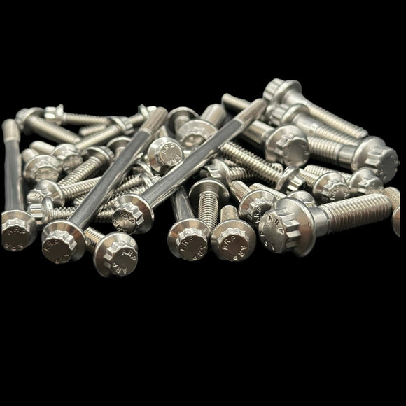 Close-up of BAMCO ARP stainless bolts installed on a Harley-Davidson 23.5+ Touring, 23.5+ Bagger VVT Sensor Cover ARP Kit