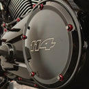 Close-up of BAMCO Derby Cover Washers, powder coated billet washers for Harley-Davidson Harley