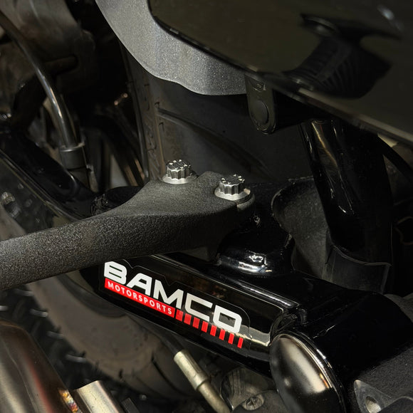 Close-up of BAMCO ARP stainless bolts installed on a Harley-Davidson 06-17 Dyna, 06-17 Dyna Passenger Peg ARP Kit