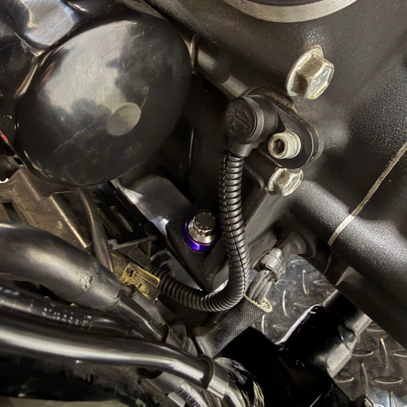 Close-up of BAMCO ARP stainless bolts installed on a Harley-Davidson 06-17 Dyna, 06-17 Dyna Front Motor Mount ARP Kit