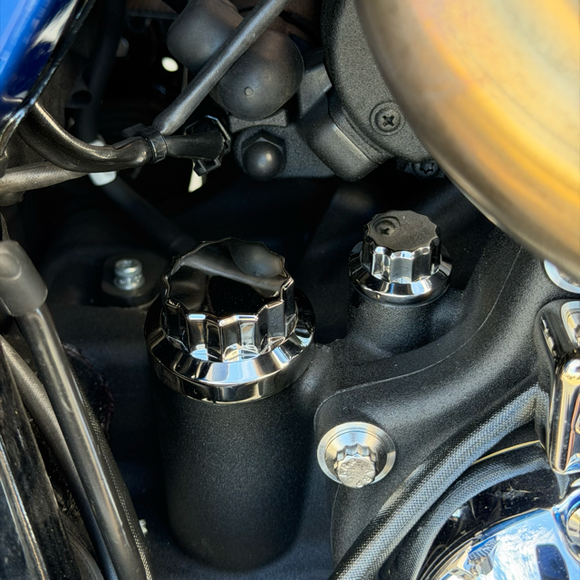 Close-up of the BAMCO 12 Point Transmission Dip Sticks installed on a Harley-Davidson Harley