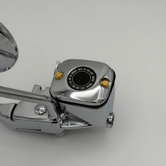 Close-up of BAMCO ARP stainless bolts installed on a Harley-Davidson 99-06 Twin Cam, 99-06 Dyna/Softail Front Master Cylinder Cap ARP Bolt Kit