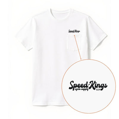 White t-shirt with 'Speed Kings' logo on a white background