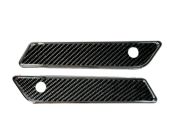 Pair chrome slim-line saddlebag latch covers with carbon fiber inserts, fits 2014-2023 Harley-Davidson Touring (Part 104725)