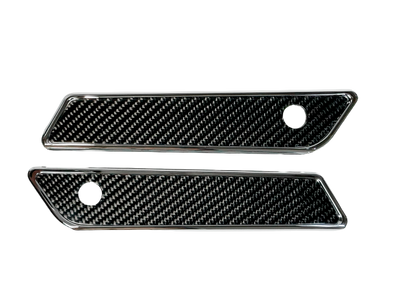 Pair chrome slim-line saddlebag latch covers with carbon fiber inserts, fits 2014-2023 Harley-Davidson Touring (Part 104725)