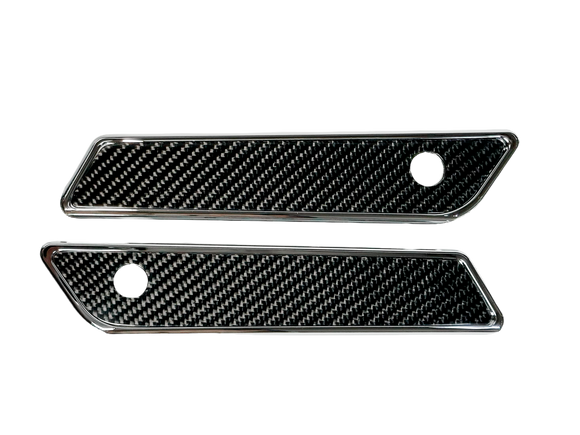 Pair chrome slim-line saddlebag latch covers with carbon fiber inserts, fits 2014-2023 Harley-Davidson Touring (Part 104725)