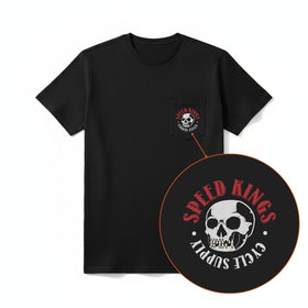 Black t-shirt with a skull and text design on a white background