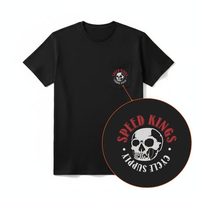 Black t-shirt with a skull and text design on a white background