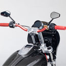 8.5-inch pull-back handlebar risers with red grips on carbon-fiber scooter