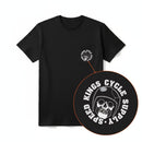 Black t-shirt with a logo and a roundel featuring 'Kings Cycle Supply' on a white background.